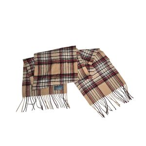 MARCHBRAE Edinburgh 100% Cashmere Scarf Tan Plaid Fringe 65" x 11"
